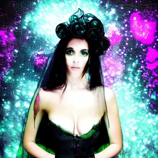 Prompt: Cthlulu lovecraftian eldritch glamour shot, lace veil, high fashion modeling, glossy magazine photoshoot, tentacles, glow galaxy background,