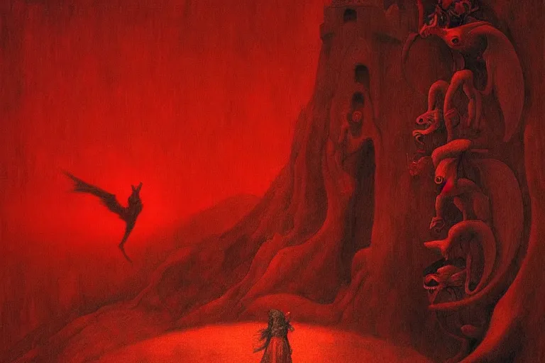 Image similar to only with red, red eyes, a red tiger, a castle in the background, medieval demons dance over the flowers, an ancient path, in the style of beksinski, part by hopper, part by rodcenko, part by hofbauer, intricate composition, red by caravaggio, insanely quality, highly detailed, masterpiece, red light, artstation