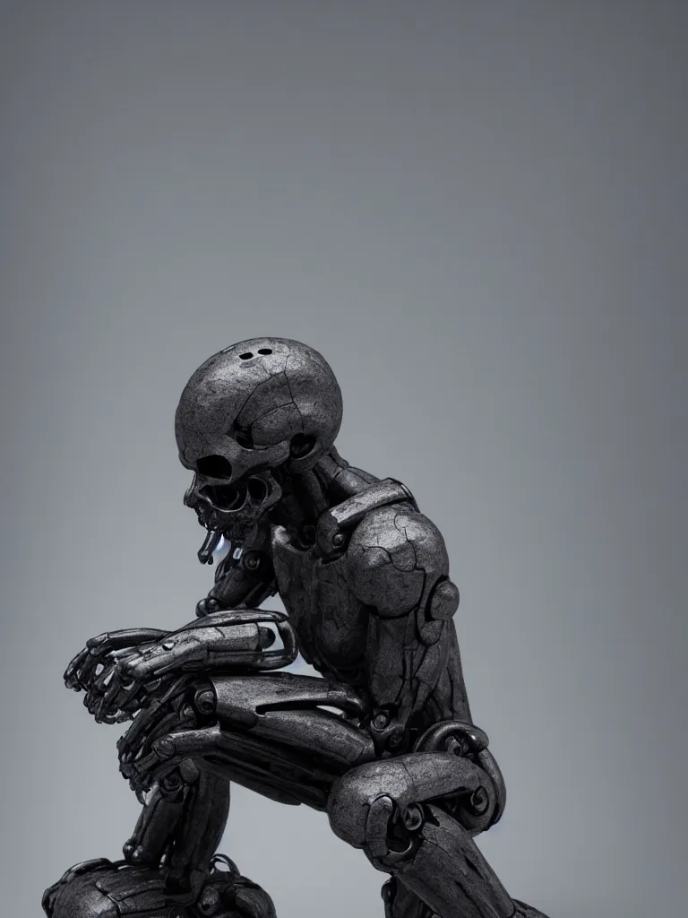 Prompt: the thinker sculpture as an skully I Robot, smoke background, by mario feng, ray tracing, master shot, octane render, 8k, ultra hd, perfect light