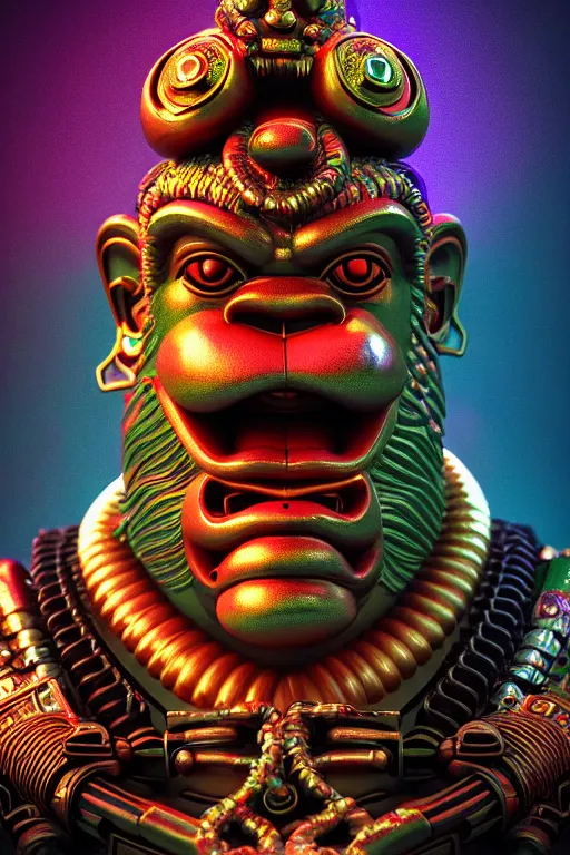 Image similar to high quality 3 d render post - rococo cyberpunk hanuman! head building, neon madhubani, open mouth, highly detailed, in sci - fi new delhi, cinematic smooth unreal engine, lee madgwick & liam wong, dramatic light, low angle, uhd 8 k, sharp focus