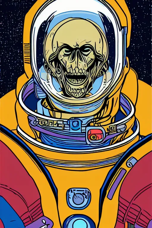 Image similar to portrait of a astronaut skeletor, art by steve simpson, sticker, colorful, illustration, highly detailed, simple, smooth and clean vector curves, no jagged lines, vector art, smooth