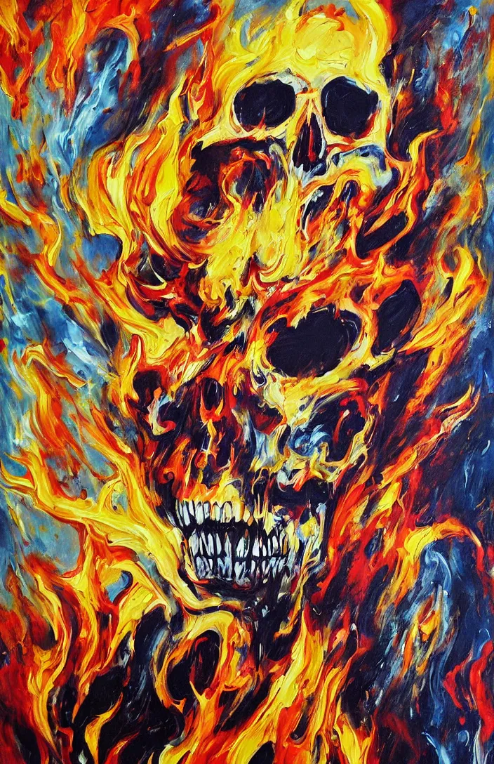 Prompt: the most intensely amazing abstract painting in the history of the universe, a flaming skull with happy friendly, it's happening baby