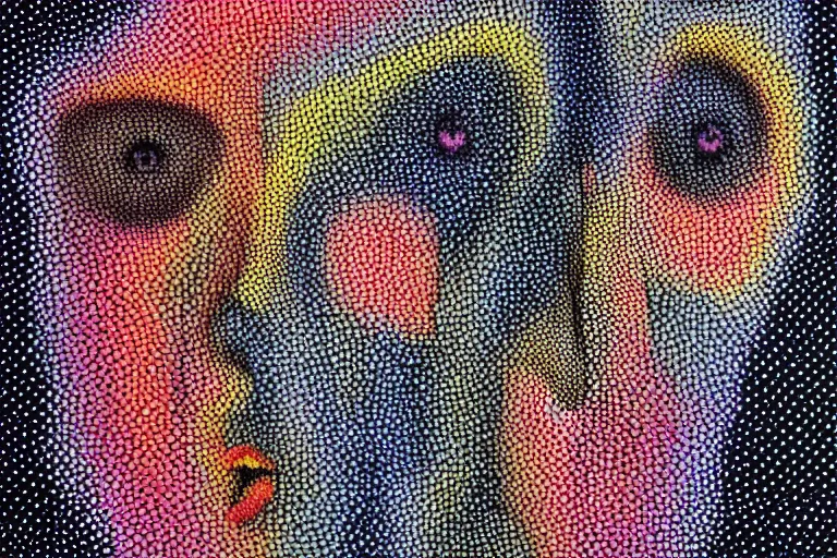 Prompt: face made out of dots, faceless people dark, dots, drip, stipple, pointillism, technical, abstract, minimal, style of francis bacon, asymmetry, pulled apart, cloak, hooded figure, made of dots, abstract, balaclava, colored dots