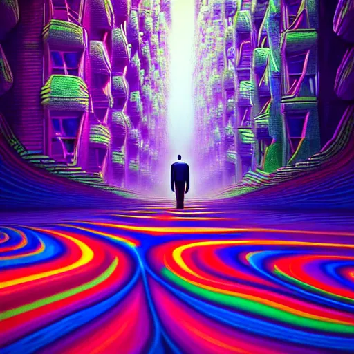 Image similar to photo - realistic, painting of a man walking alone in the boulevard of psychedelic dreams, trippy stairs in the background highly detailed, hyper detail, sharp, in the style of beeple, mobeius, rule of thirds, unreal engine trending on artstation