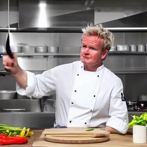 Image similar to hyper real Gordon Ramsey cooking a unicorn in kitchen 4k