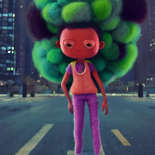 Image similar to a black girl with a colorful afro and big cute eyes walking in a cyberpunk street, low angle shot, cinematic, colorful, trending on artstation, bright colors, watercolor, volumetric wool felting, felt, macro photography, children illustration, by goro fujita