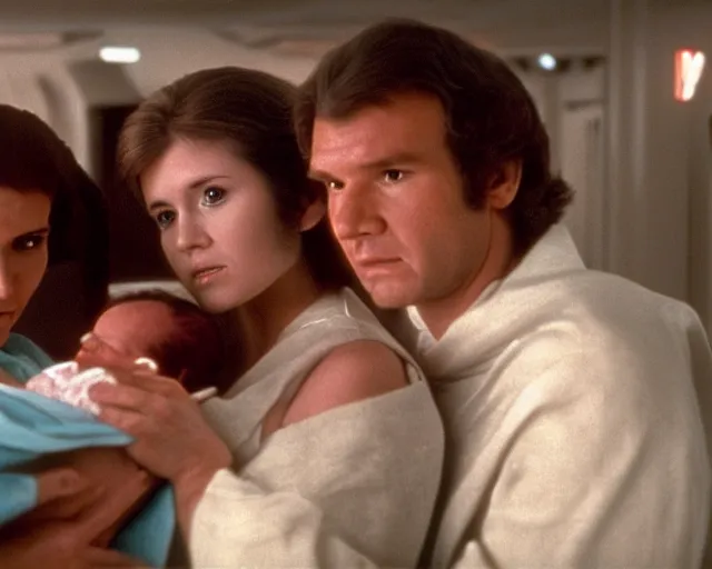 Image similar to screenshot of Han Solo standing next to Princess Leia Organa holding a new born baby in a swaddle, alone, pensive, iconic scene from 1980s Star Wars film directed by Ridley Scott, in a sci fi nursing home architecture, last jedi, 4k HD sharp, cinematic still frame, photoreal, detailed face, moody lighting, stunning cinematography, anamorphic lenses, kodak color film stock