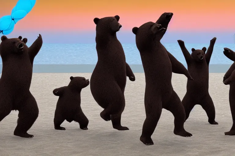 Image similar to Bears dancing at a party at the beach, cinematic, atmospheric, 8k resolution, ArtStation, Hyperrealistic