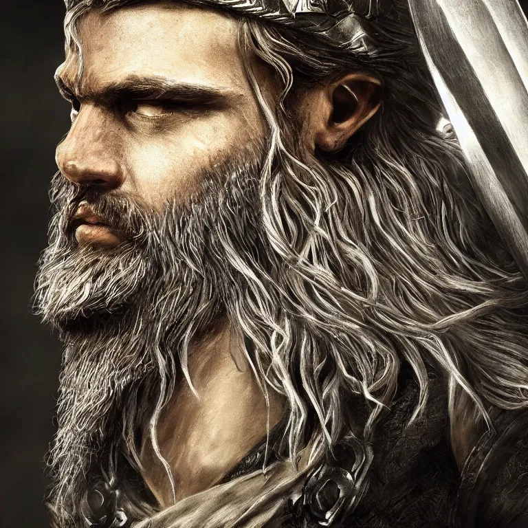 Image similar to fantasy art of a male human warrior, lord of the rings, poster, finely detailed face delicate features, black full beard, full body, realistic, sharp focus, 8 k high definition, insanely detailed, intricate, elegant, character portrait, portrait, close up, concept art