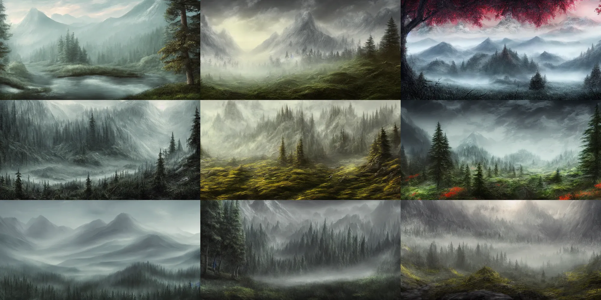 Prompt: highly detailed defined digital art misty landscape forest mountainous trending on artstation