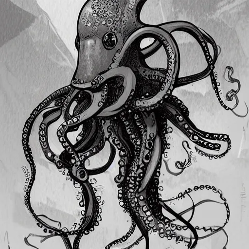 Image similar to a cyberpunk octopus, in the style of Ashley Wood and Moebius