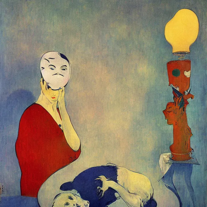 Image similar to dream infusion in a woman with white dress and colorful primitive mask and blue dog. lamp light. henri de toulouse - lautrec, rene magritte, max ernst, walton ford