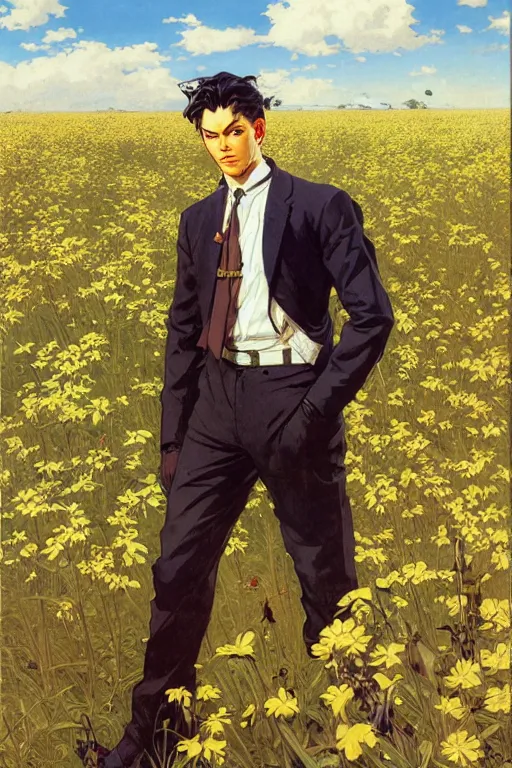 Image similar to attractive young thug in flower field, painting by j. c. leyendecker, yoji shinkawa, katayama bokuyo