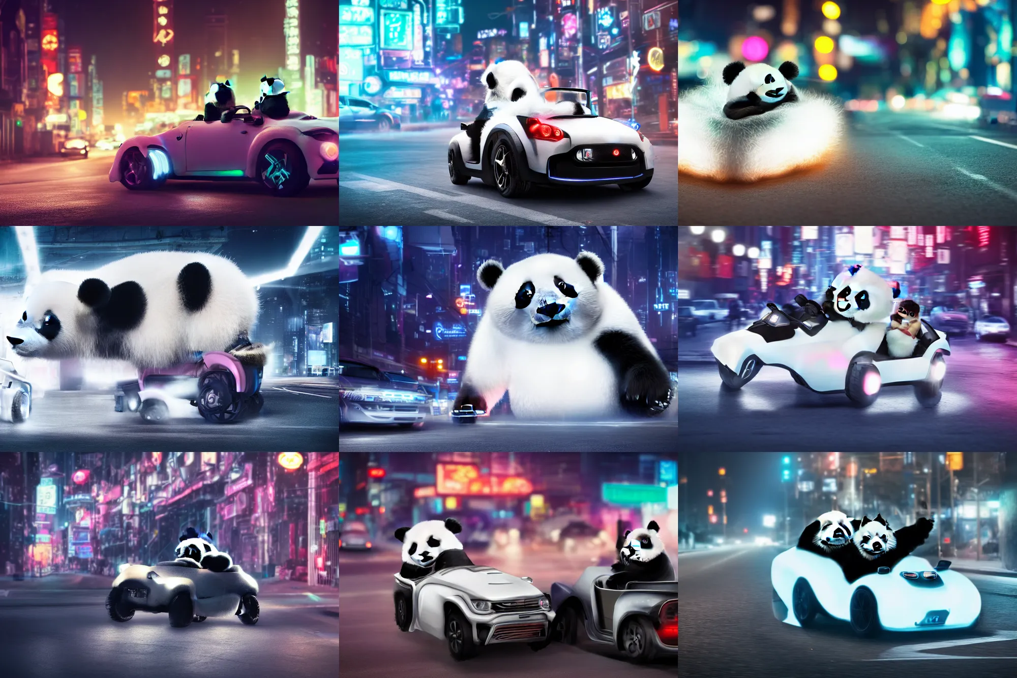 Image similar to a cute panda driving a roadster made of white fur in the street, Cyberpunk, neon light, 4k, hd, highly detailed