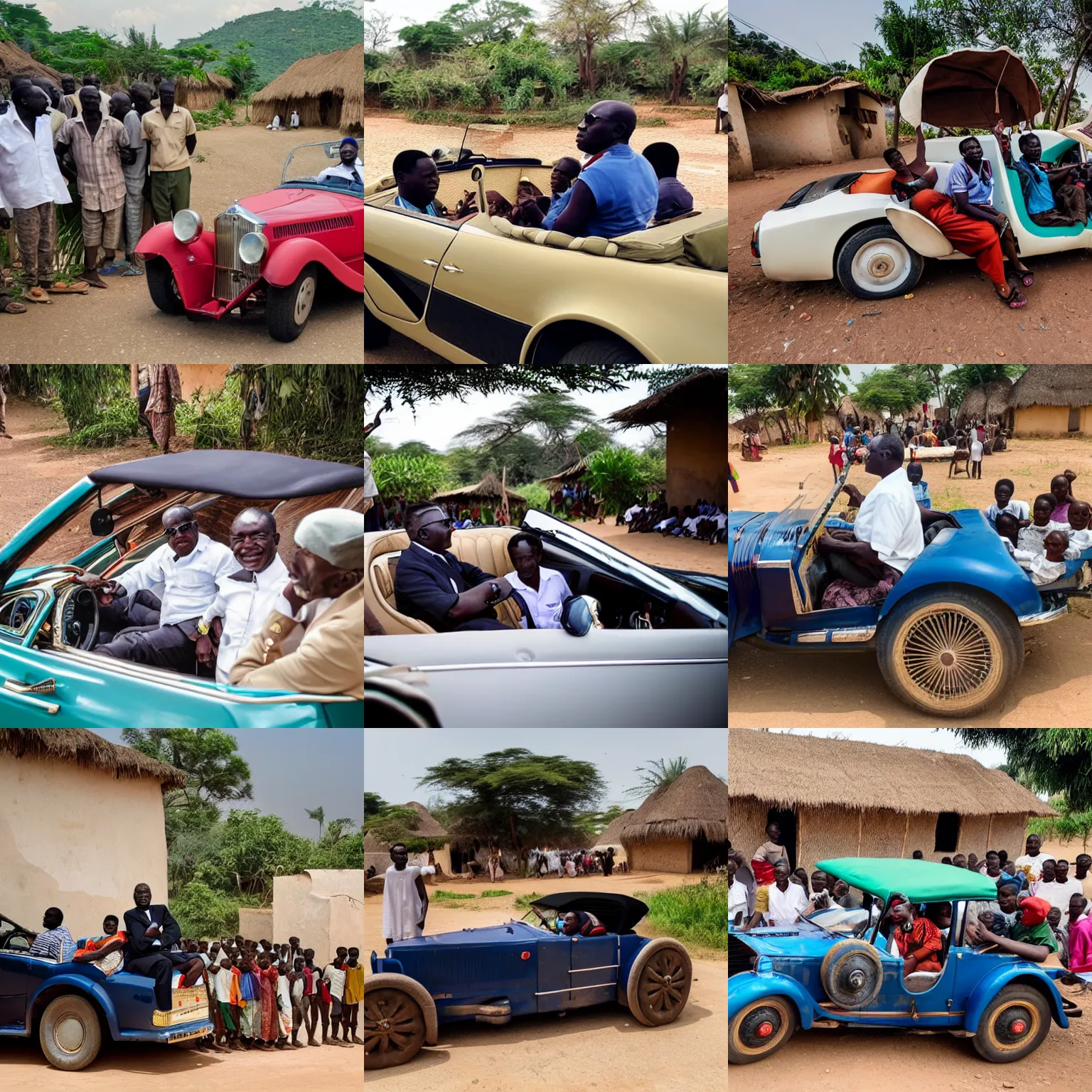 Prompt: High-quality photography of an African dictator sitting in his convertible Bugatti in an African village and surrounded by curious villagers, shot on iPhone
