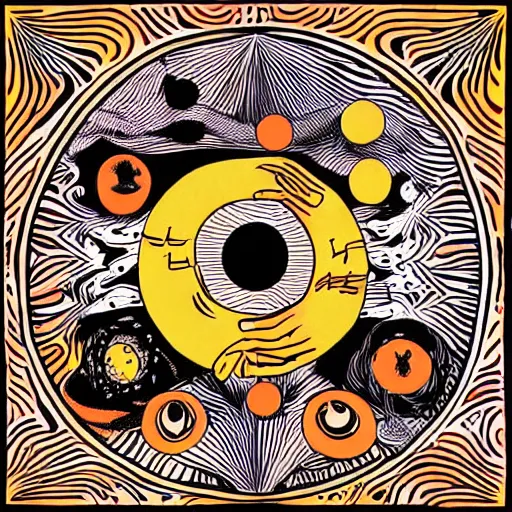 Prompt: post - punk new age album cover, black, white, orange, psychedelic, magic, deforge michael