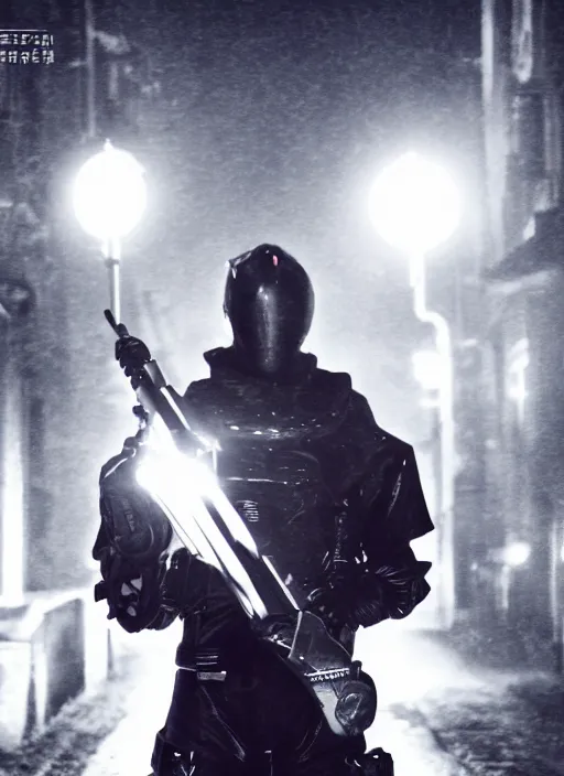 Prompt: hakaider portrait standing in a foggy alley at night standing in a spotlight, tokusatsu screencap, cinematic post process