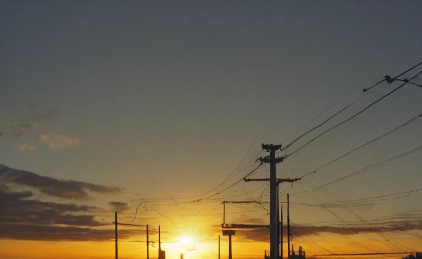 Image similar to photo of sunrise view of buffalo as seen from bus, scene from being john malcovich film directed by charlie kaufman ( 2 0 0 1 ), moody cinematography and lighting, 2 4 mm anamorphic lens