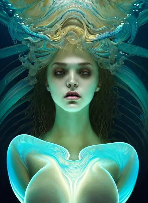 Prompt: an underwater photographic beauty portrait of an anthropomorphic bioluminescent liquid wave, dramatic murky volumetric lighting, fantasy, intricate, elegant, highly detailed, digital painting, artstation, concept art, smooth, sharp focus, illustration, art by artgerm and h r giger and alphonse mucha