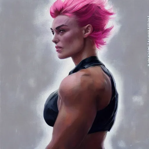 Image similar to greg manchess portrait painting of confident keira knightley with pink hair as beautiful thick female bodybuilder zarya from overwatch, medium shot, asymmetrical, profile picture, organic painting, sunny day, matte painting, bold shapes, hard edges, street art, trending on artstation, by huang guangjian and gil elvgren and sachin teng