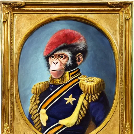 Image similar to An exquisite modern painting of a monkey dressed like a bearded Napoleon with correct military uniform, no frames