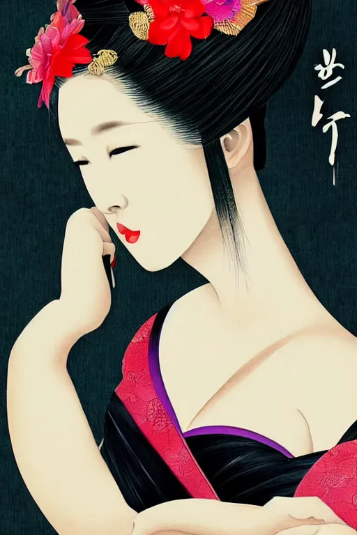 Image similar to sensual and very seductive geisha, digital art, 8k, character, realistic, portrait, photorealism, japan watercolour, masterpiece art