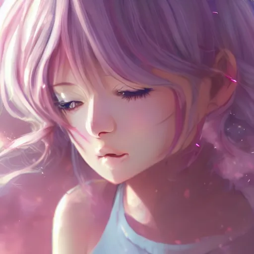 Prompt: happy anime girl, curly pastel hair, harajuku fashion, clear clean face, face by lya kushinov, Avetetsuya Studios, Alexandra Fomina artstation, by Makoto Shinkai, digital 2D, painterly style, cinematic matte Illustration, ufotable, VOFAN