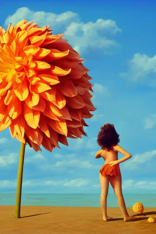 Image similar to closeup giant dahlia flower head, girl laying on beach, surreal photography, blue sky, sunrise, dramatic light, impressionist painting, digital painting, artstation, simon stalenhag