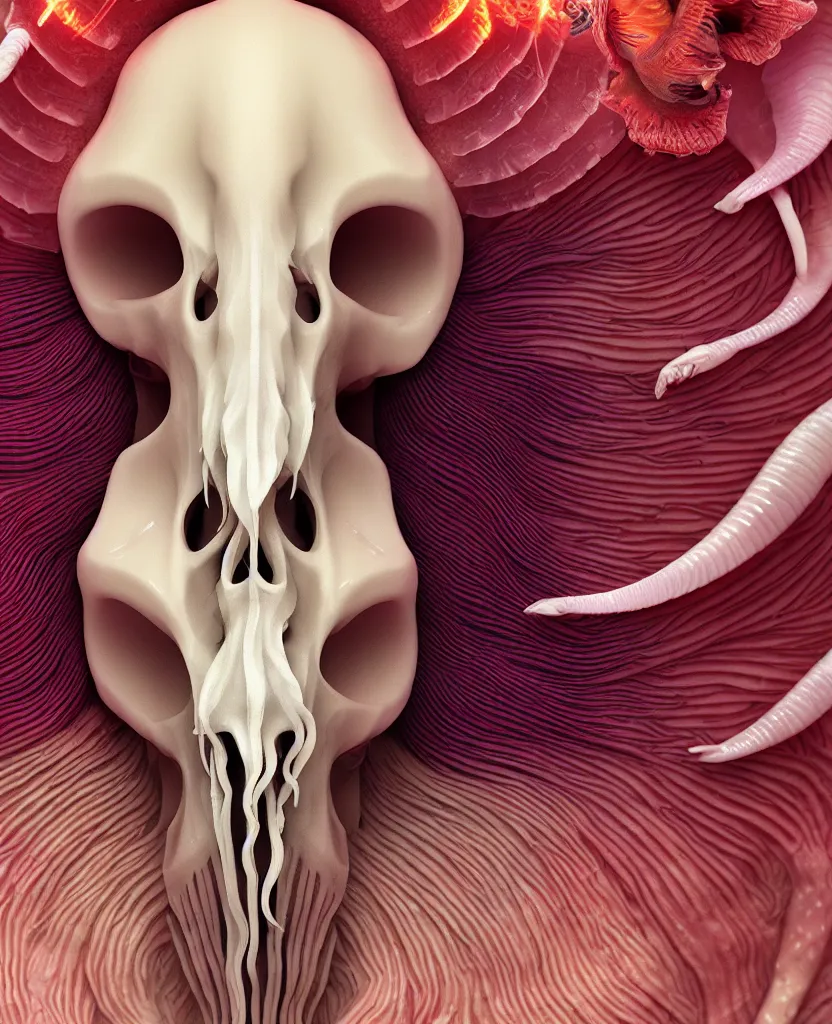 Image similar to goddess close-up portrait ram skull. jellyfish phoenix head, nautilus, orchid, ram skull, betta fish, bioluminiscent creatures, intricate artwork by Tooth Wu and wlop and beeple. octane render, trending on artstation, greg rutkowski very coherent symmetrical artwork. cinematic, hyper realism, high detail, octane render, 8k