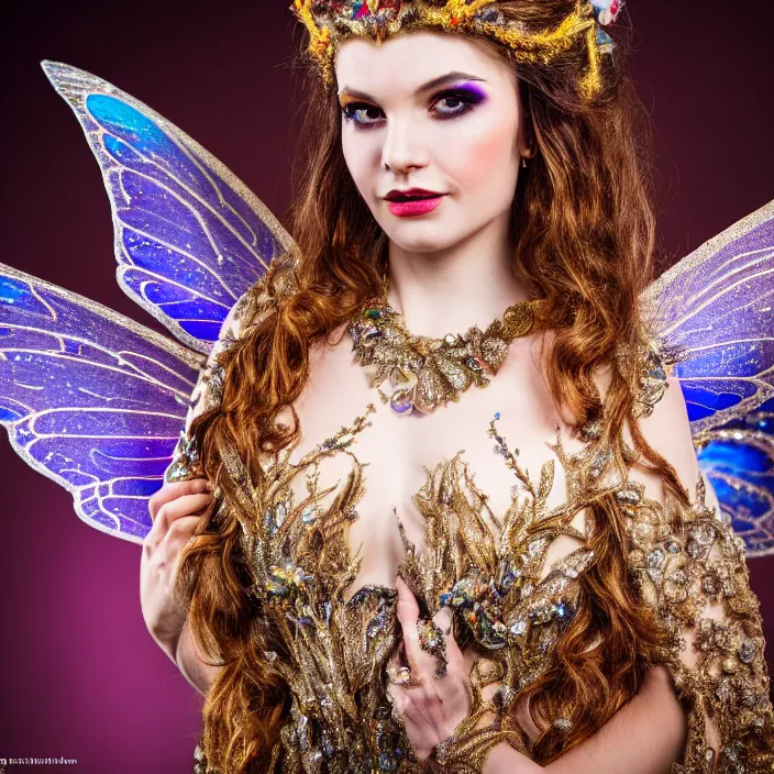 Prompt: full length photo of a very beautiful!! fairy queen with ornate sparkling robes, highly detailed, 4 k, hdr, smooth, sharp focus, high resolution, award - winning photo