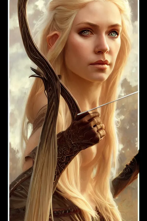 Image similar to portrait of blonde elven archer, dark, piercing eyes, gentle expression, elegant clothing, photorealistic, highly detailed, artstation, smooth, sharp focus, art by michael whelan, artgerm, greg rutkowski and alphonse mucha