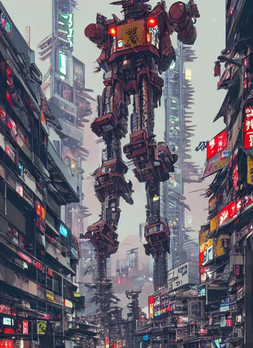 Image similar to giant war robots in the middle of cyberpunk tokyo. detailed, wearing kimono armour, by conrad roset, takato yomamoto, jesper ejsing, masamune shiro, ukiyo - e