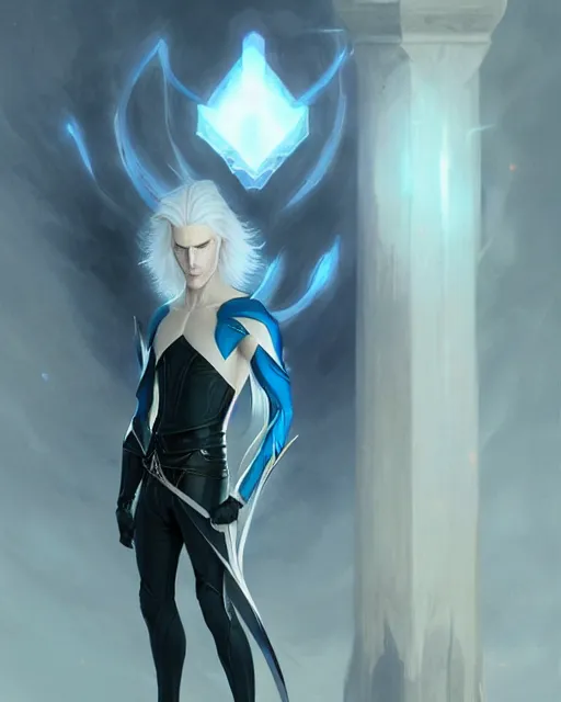 Prompt: character portrait of a slender young half elven man with white hair piercing blue eyes and pale blue skin, wearing sleek pearlescent black armor, by greg rutkowski and mark brookes and jim burns and tom bagshaw and magali villeneuve, trending on artstation