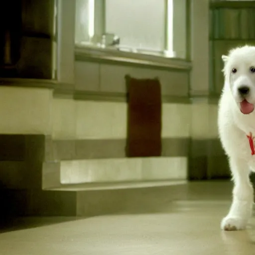 Image similar to movie still of robot white swiss shepperd dog, cinematic composition, cinematic light, criterion collection, by edgar wright