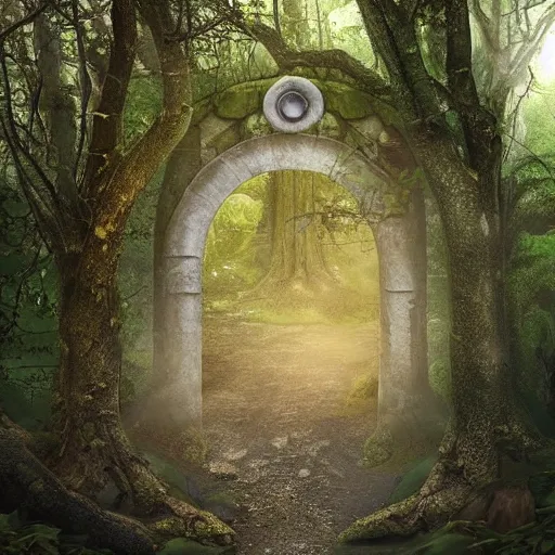 Prompt: portal leading to a fantasy world in a forest in middle earth
