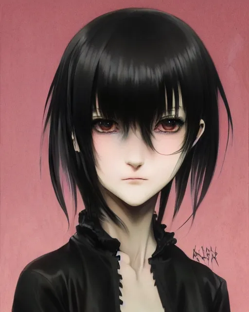 Image similar to portrait Anime goth girl, cute-fine-face, black-hair pretty face, realistic shaded Perfect face, fine details. Anime. realistic shaded lighting by Ilya Kuvshinov katsuhiro otomo ghost-in-the-shell, magali villeneuve, artgerm, rutkowski, WLOP Jeremy Lipkin and Giuseppe Dangelico Pino and Michael Garmash and Rob Rey