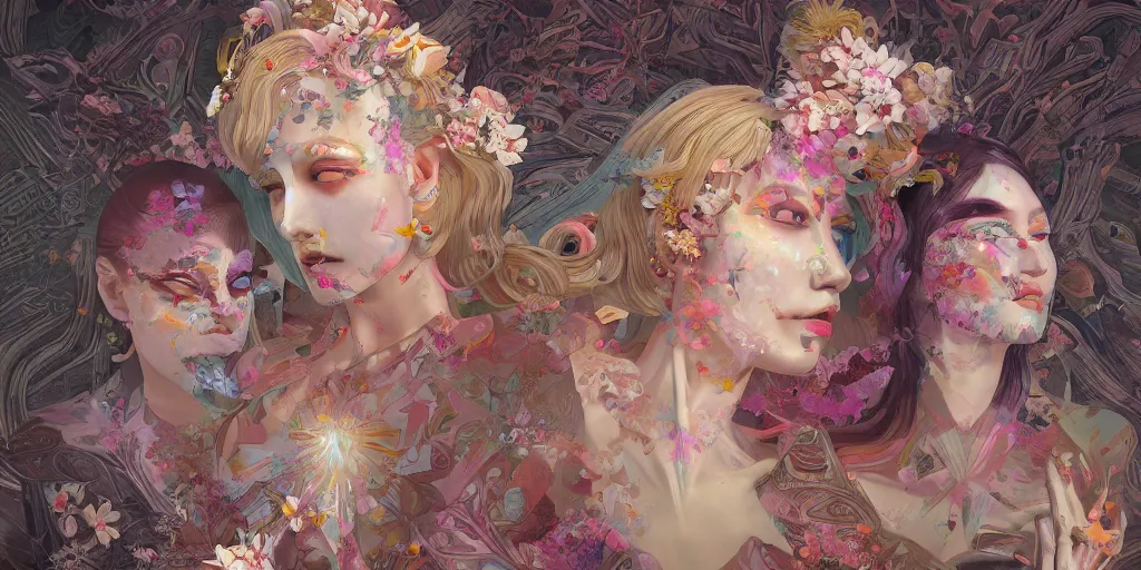 Image similar to breathtaking detailed concept art painting kaleidoscope art deco pattern of blonde faces goddesses amalmation flowers, by hsiao - ron cheng, bizarre compositions, exquisite detail, extremely moody lighting, 8 k