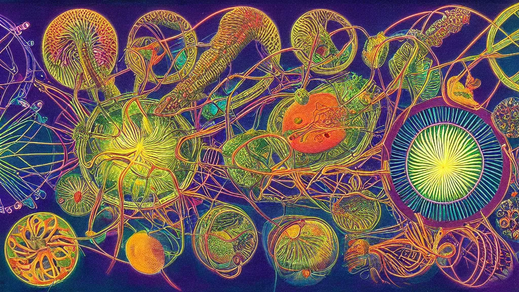 Image similar to quantum connections represented as symbiotic organisms like cells playing around with colorful lights by ernst haeckel, smooth, sharp, realistic