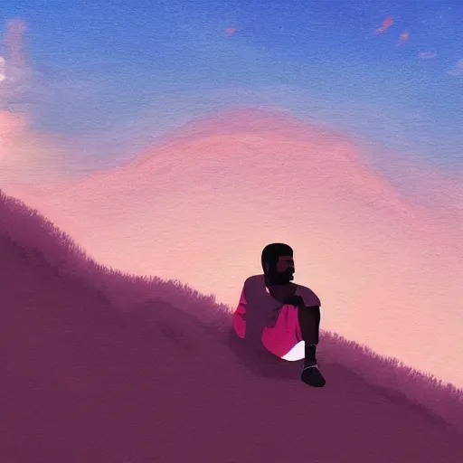 Prompt: A painting of Kanye West sitting on a hill by the sunset by Shinji Arakami, dreamy, pink skies, cloudy, melancholic, anime, cool, Ghibli-style, disney-style, extremely detailed