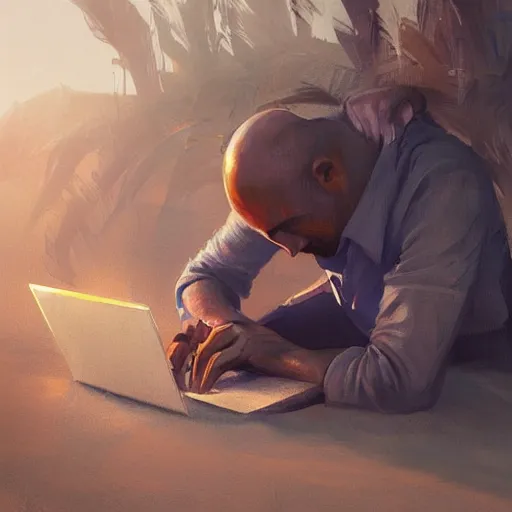 Prompt: concept art of man working on laptop at sunny beach, perfect face, fine details, by greg rutkowski