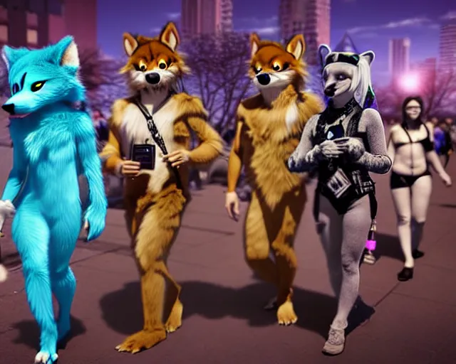 Image similar to high - resolution photograph from a nanopunk era furry fandom convention ( midwest furfest 2 0 4 7 ), taking place after the genetic revolution and singularity. photorealistic.