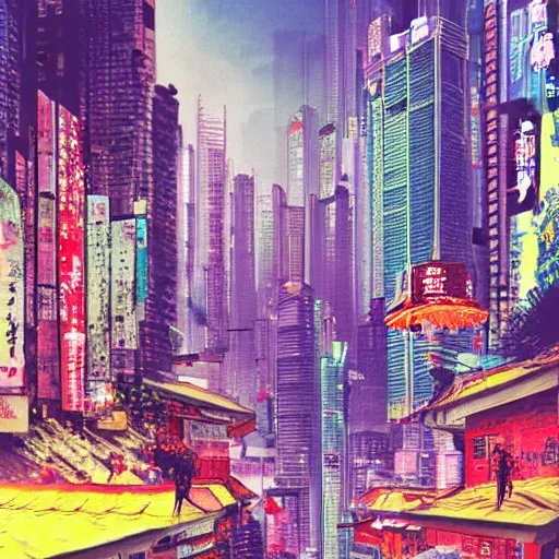 Image similar to oriental painting of cyberpunk hong kong in the year 2 0 4 7