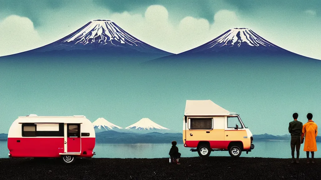 Prompt: an overlook scene of two travellers and their camper, at the edge of yamanaka lake reflecting mount fuji overcast sky, a collage painting, in the style of wes anderson, lola dupre, david hockney, isolated on negative white space background dark monochrome neon spraypaint accents volumetric octane render