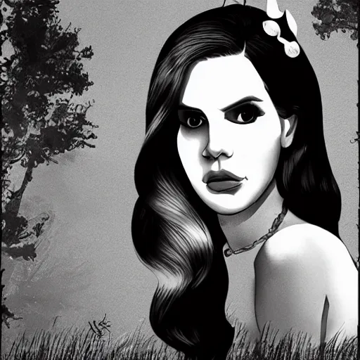 Image similar to trail cam footage of lana del rey, photorealistic, horror