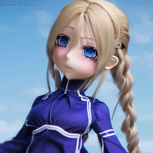 Prompt: 3d render of a blue eyes, blonde long hair, two braids, violet evergarden as an anime doll, blue-white dress, blender, artstation, 8k, highly detailed