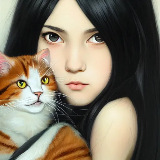 Image similar to a painting of cute emo girl, with long dark hair, thick eyebrows, dark eyes and dark circles wide nose, big eyes, oval face, big cheeks holding her cat, photorealistic painting by tran nguyen ilya kuvshinov and greg rutkowski featured on deviantart, detailed painting