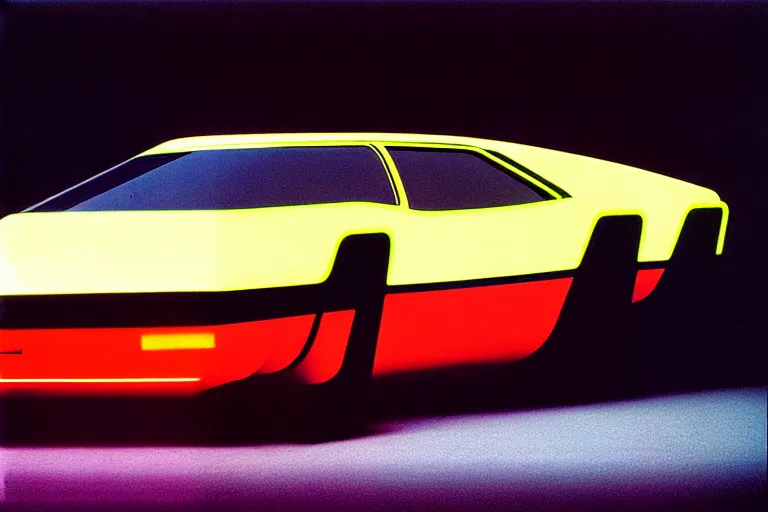 Image similar to designed by giorgetto giugiaro stylized poster of a single 1 9 7 9 vehicle concept, thick neon lights, ektachrome photograph, volumetric lighting, f 8 aperture, cinematic eastman 5 3 8 4 film