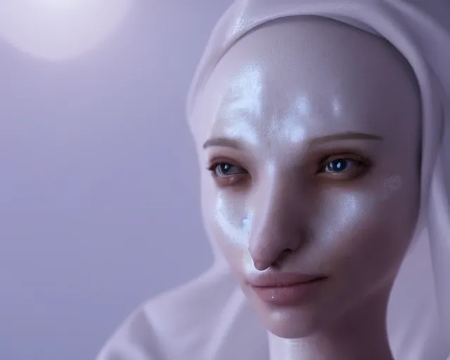 Image similar to a film still of a synthetic female human wrapped in white cloth, mouth agape, tribal facepaint, in neotokyo, cinematic lighting, high resolution, 4 k