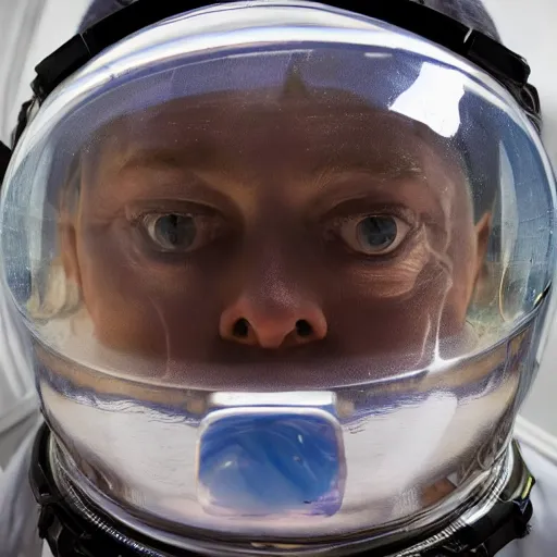 Prompt: big headed thom yorke singer songwriter in a water filled spacesuit visor, filled with water, space station light reflections, ultrafine detail, hyper realistic face, beautiful eyes, chiaroscuro, associated press photo, eyes reflecting into eyes reflecting into infinity