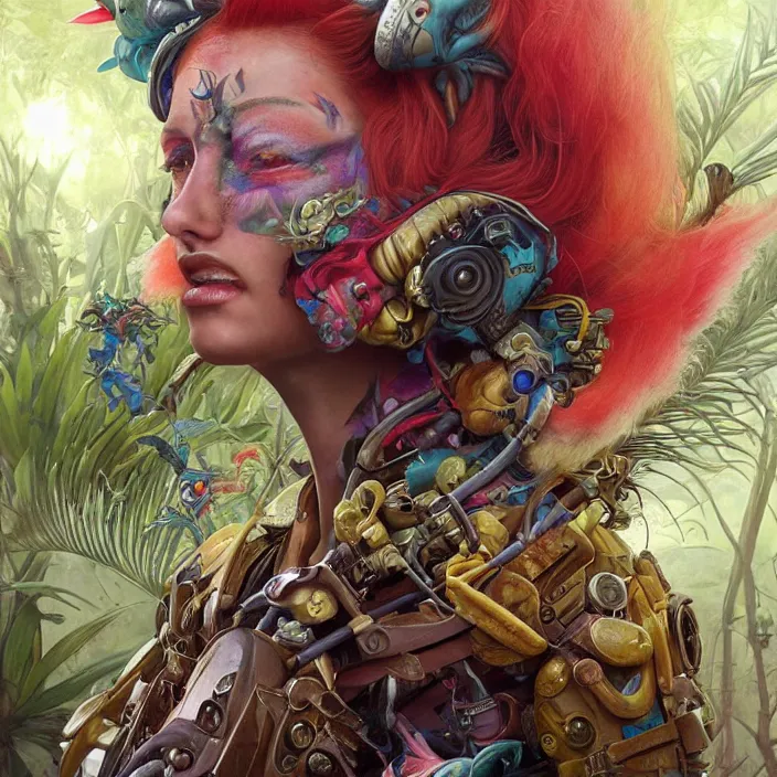 Image similar to a portrait photograph of a colorful tropical female alien. she wearing a tactical suit and has many body modifications. by tom bagshaw, donato giancola, hans holbein, walton ford, gaston bussiere, brian froud, peter mohrbacher and magali villeneuve. 8 k, fashion editorial, cgsociety